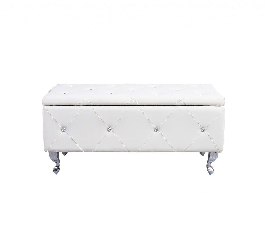 38" White and Silver Faux Leather Storage Bench With Flip Top