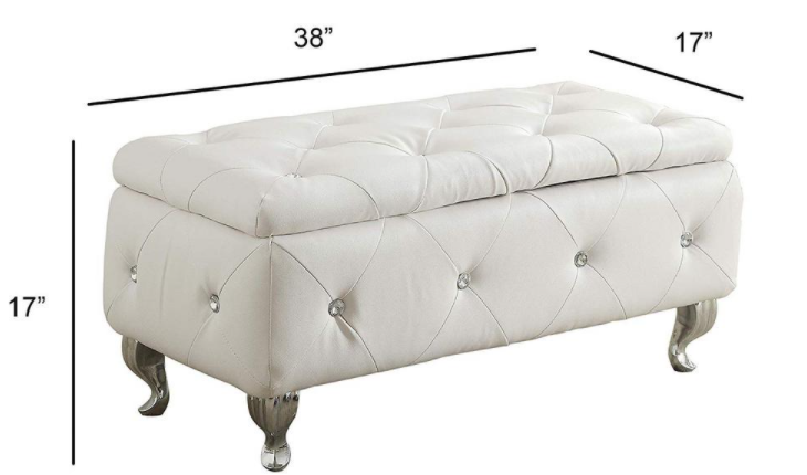 38" White and Silver Faux Leather Storage Bench With Flip Top