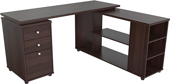 60" Espresso L Shape Computer Desk With Three Drawers