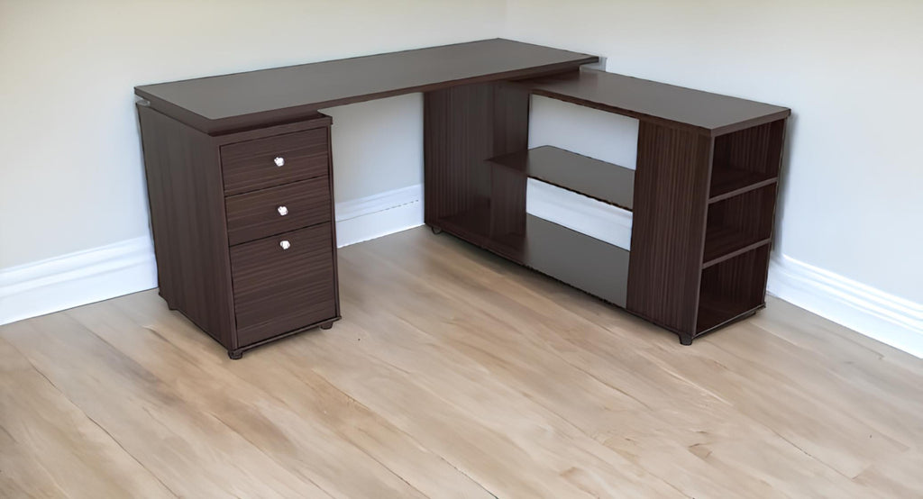 60" Espresso L Shape Computer Desk With Three Drawers