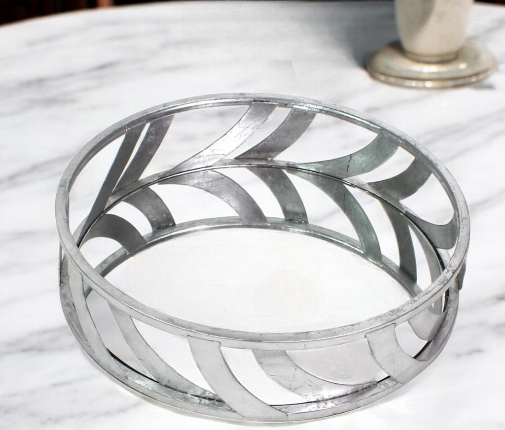 14" Silver Round Metal Geometric Vanity Tray