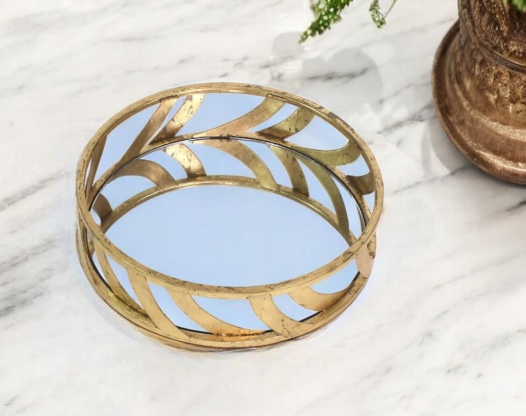 14" Gold Round Metal Geometric Vanity Tray