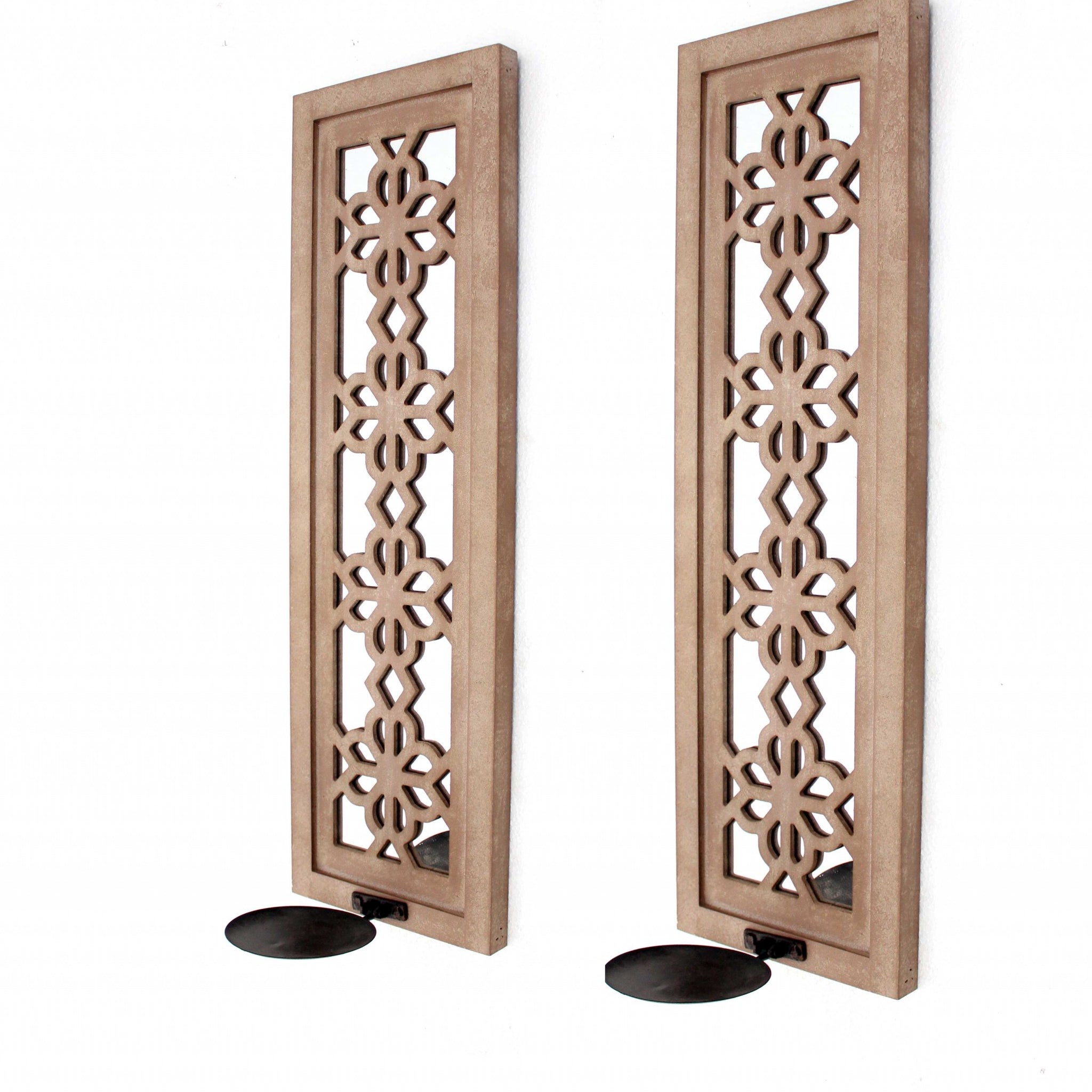 Set of Two Tan Lattice Wall Sconce Candle Holders