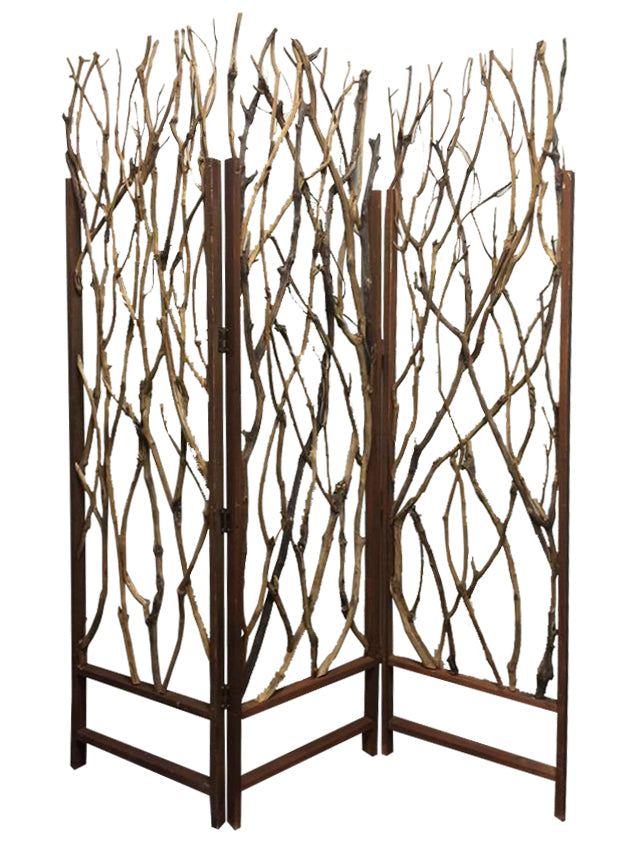 70" Brown Wood Branches Folding Three Panel Screen Room Divider