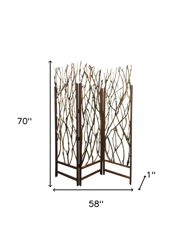 70" Brown Wood Branches Folding Three Panel Screen Room Divider