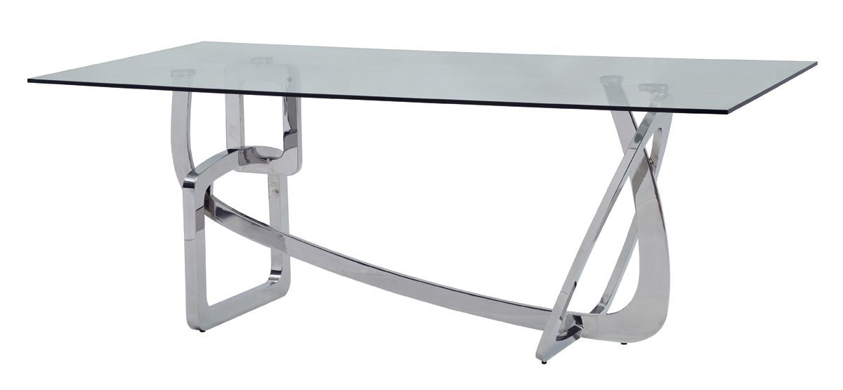 79" Clear And Silver Glass And Stainless Steel Trestle Base Dining Table