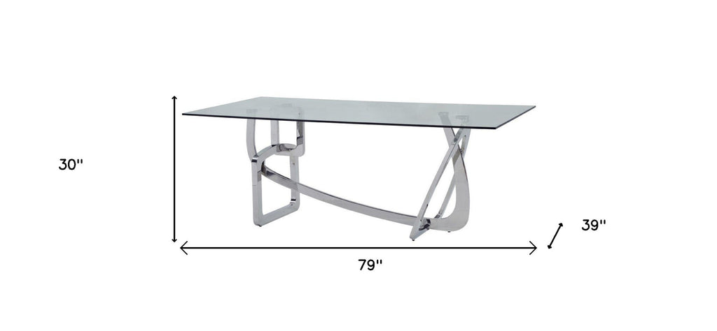 79" Clear And Silver Glass And Stainless Steel Trestle Base Dining Table