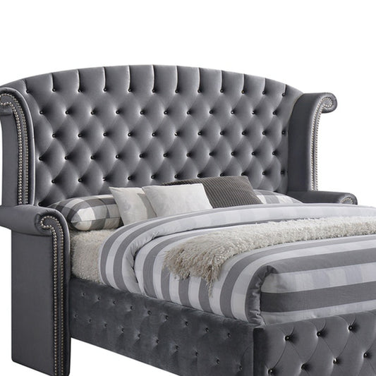 Queen Tufted Gray Upholstered Velvet Bed With Nailhead Trim