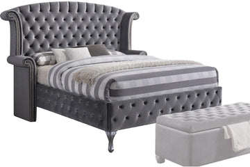 Queen Tufted Gray Upholstered Velvet Bed With Nailhead Trim