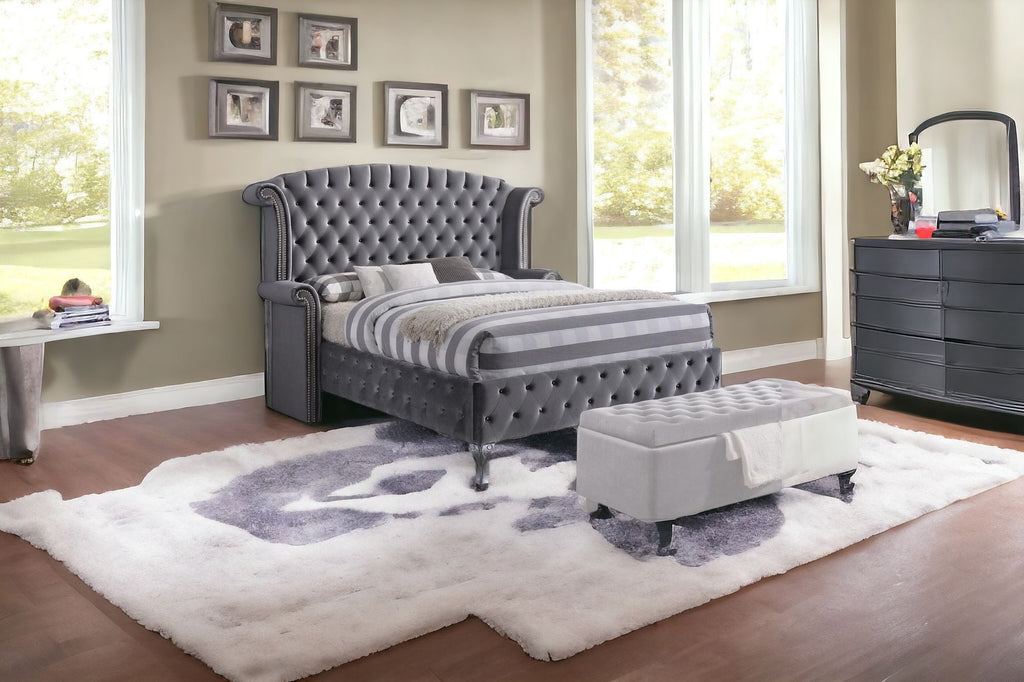 Queen Tufted Gray Upholstered Velvet Bed With Nailhead Trim