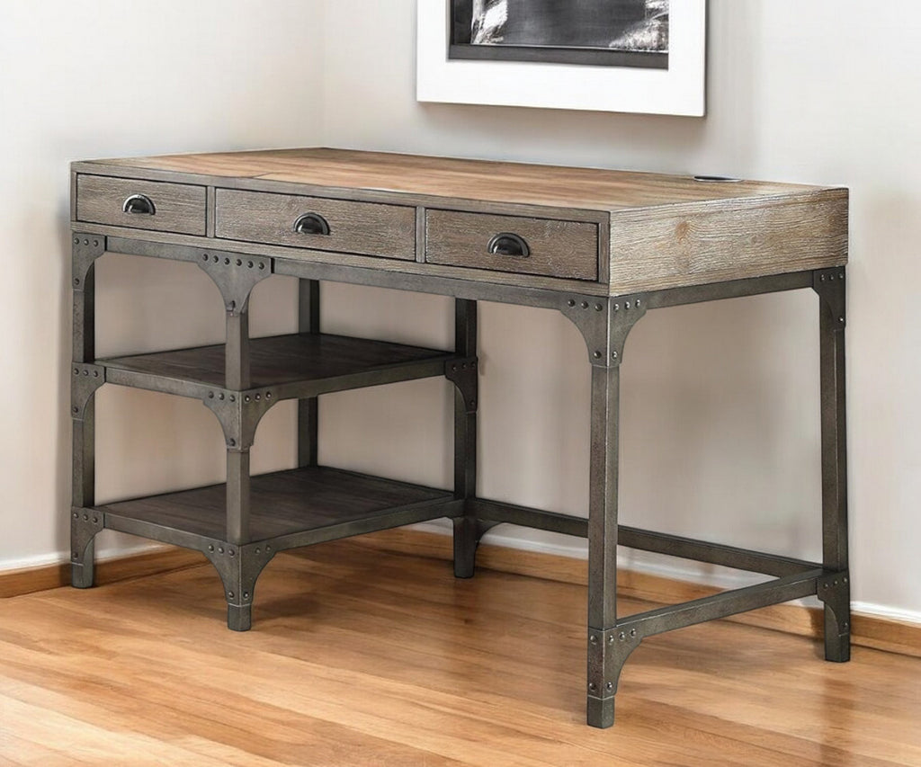 47" Natural and Gray Writing Desk With Three Drawers