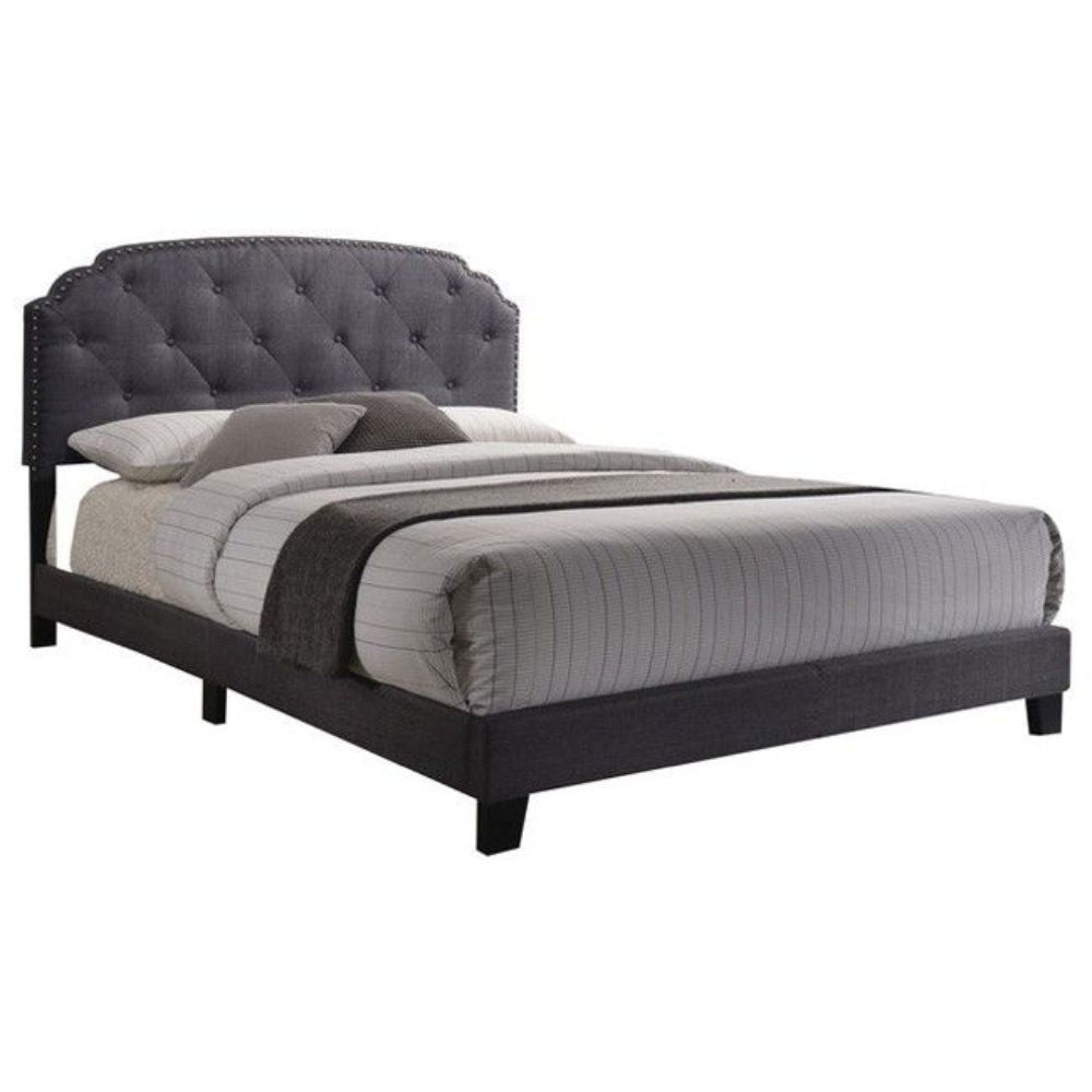 Queen Tufted Gray Upholstered Linen Bed With Nailhead Trim