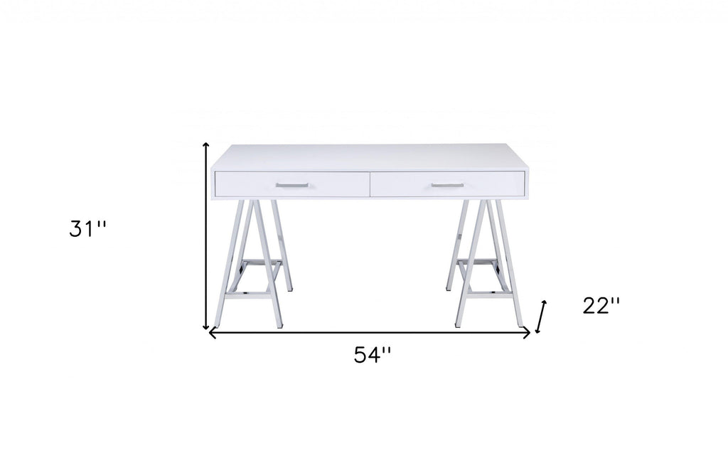 54" White and Silver Writing Desk With Two Drawers