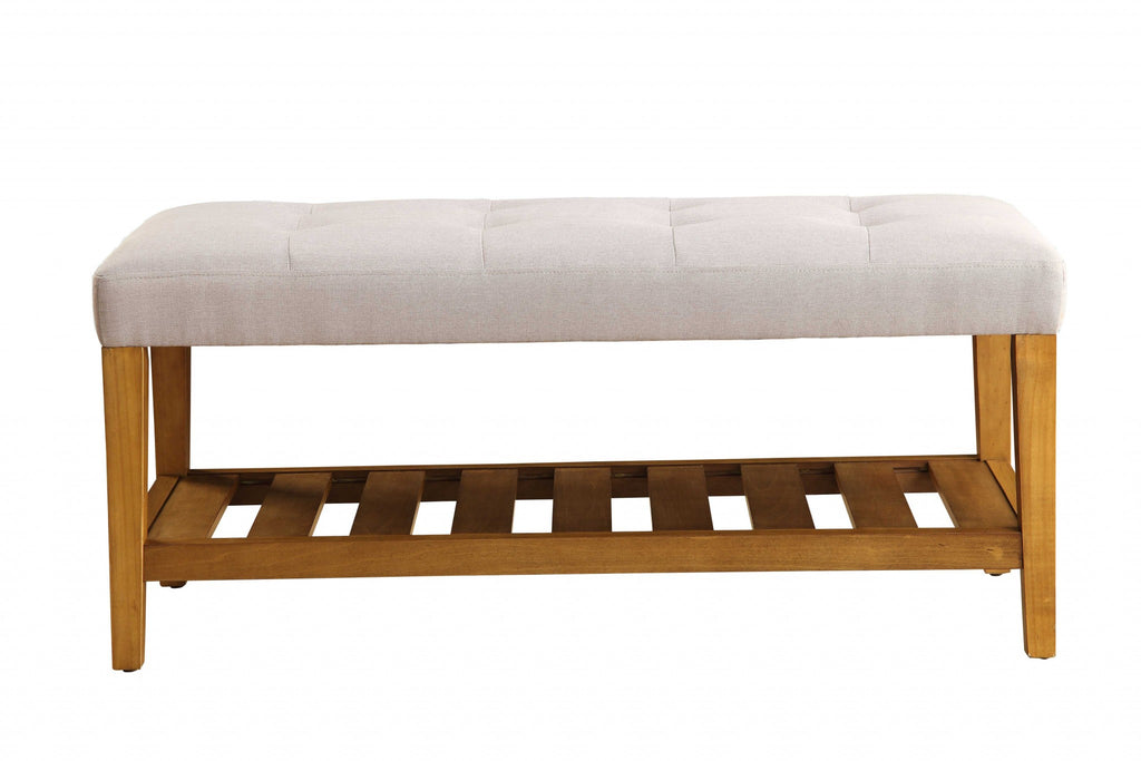 40" Beige and Brown Upholstered Polyester Bench with Shelves