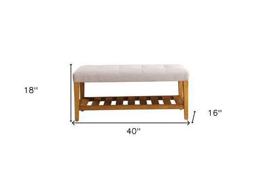 40" Beige and Brown Upholstered Polyester Bench with Shelves