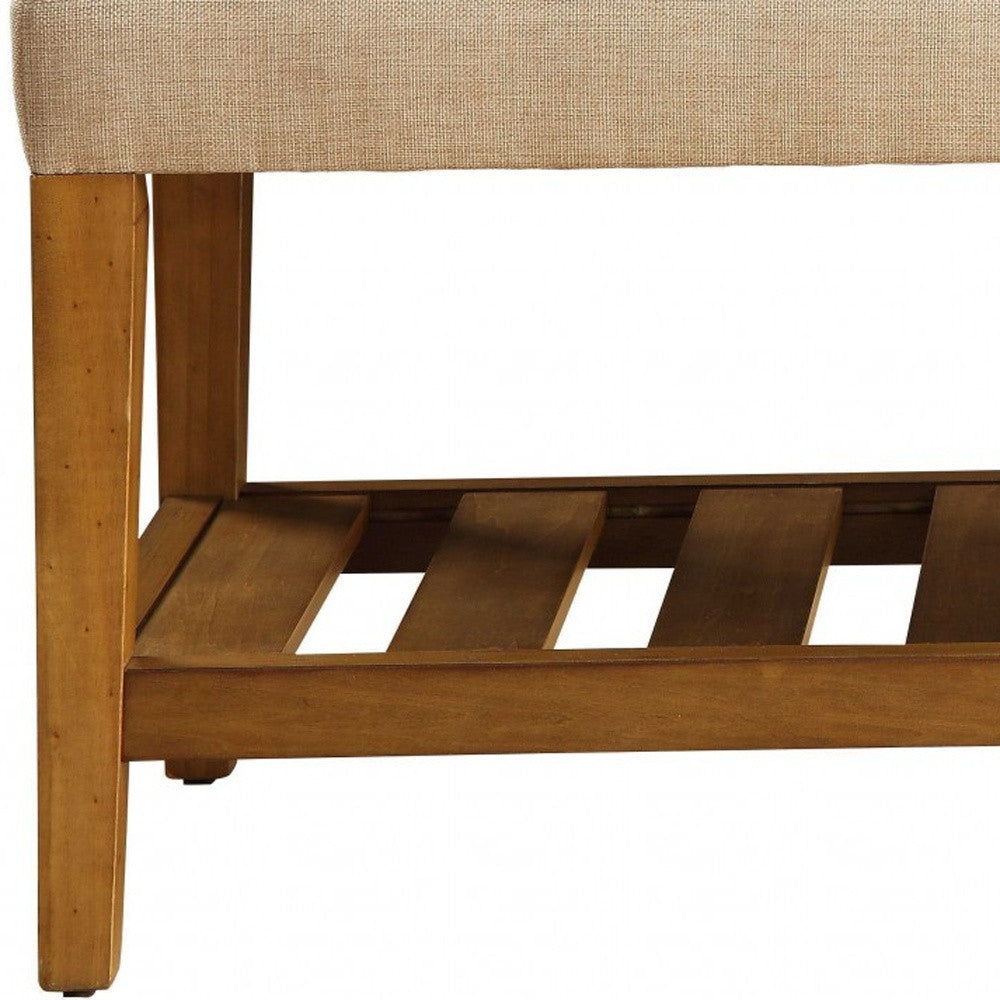 40" Beige and Brown Upholstered Polyester Bench with Shelves