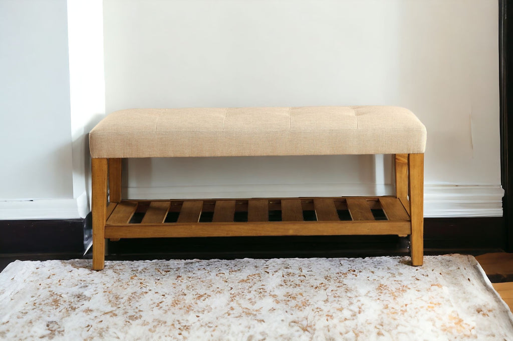 40" Beige and Brown Upholstered Polyester Bench with Shelves