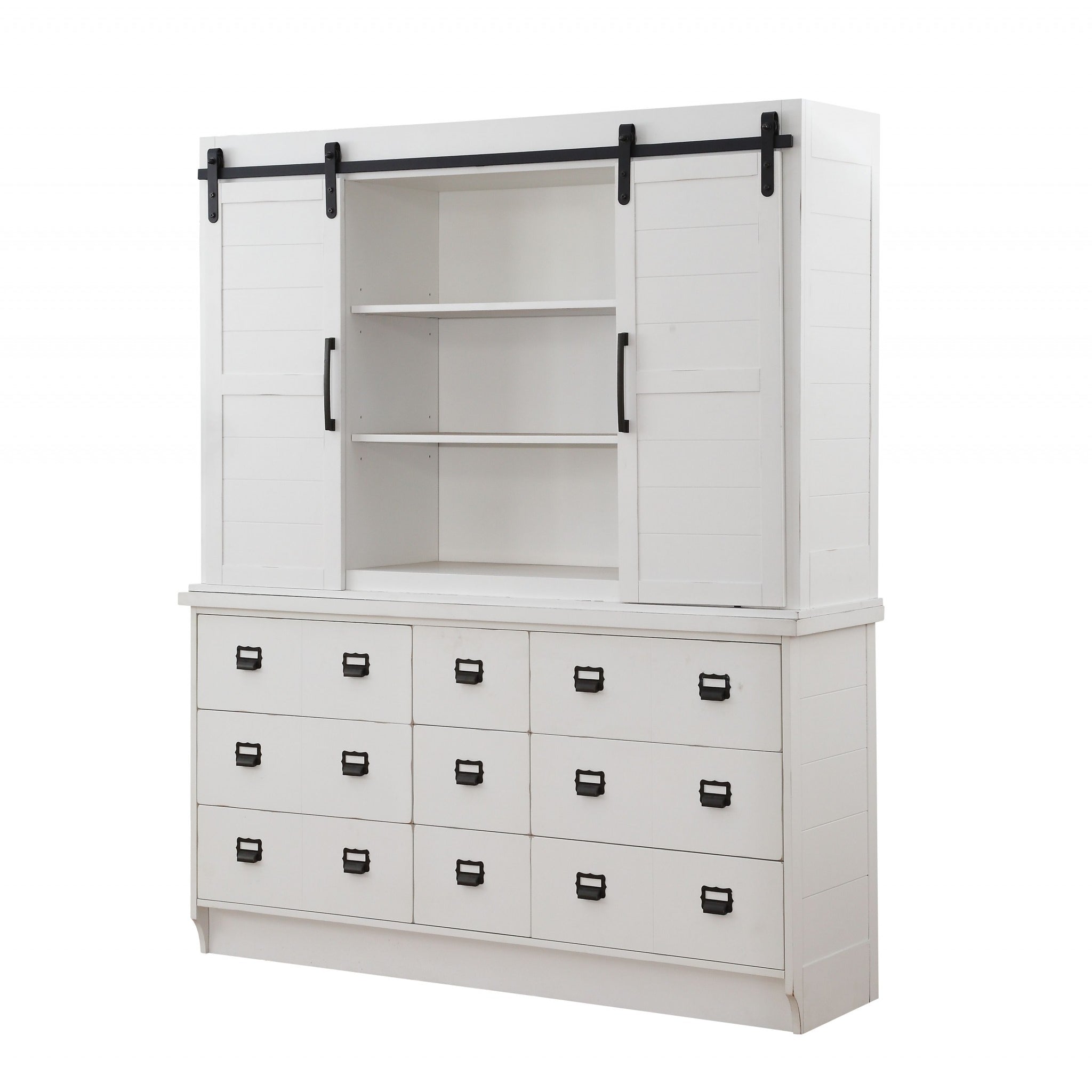 68" White Wood Nine Drawer Dining Hutch with Two Sliding Doors