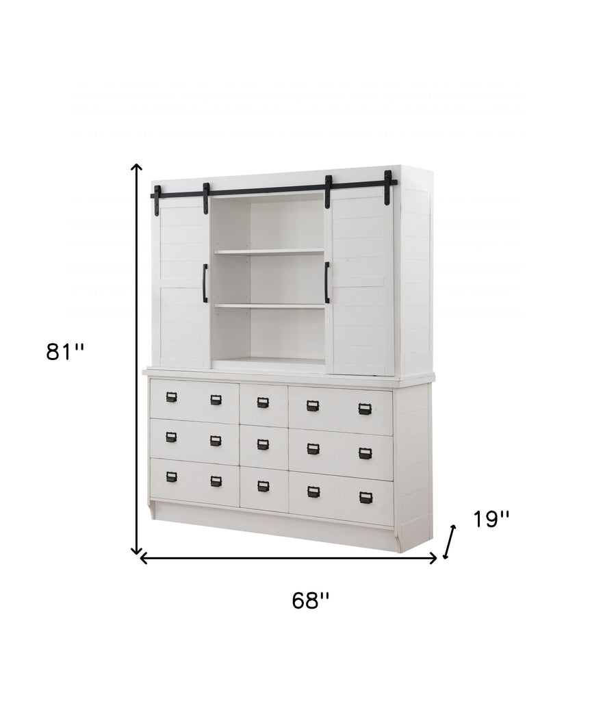 68" White Wood Nine Drawer Dining Hutch with Two Sliding Doors