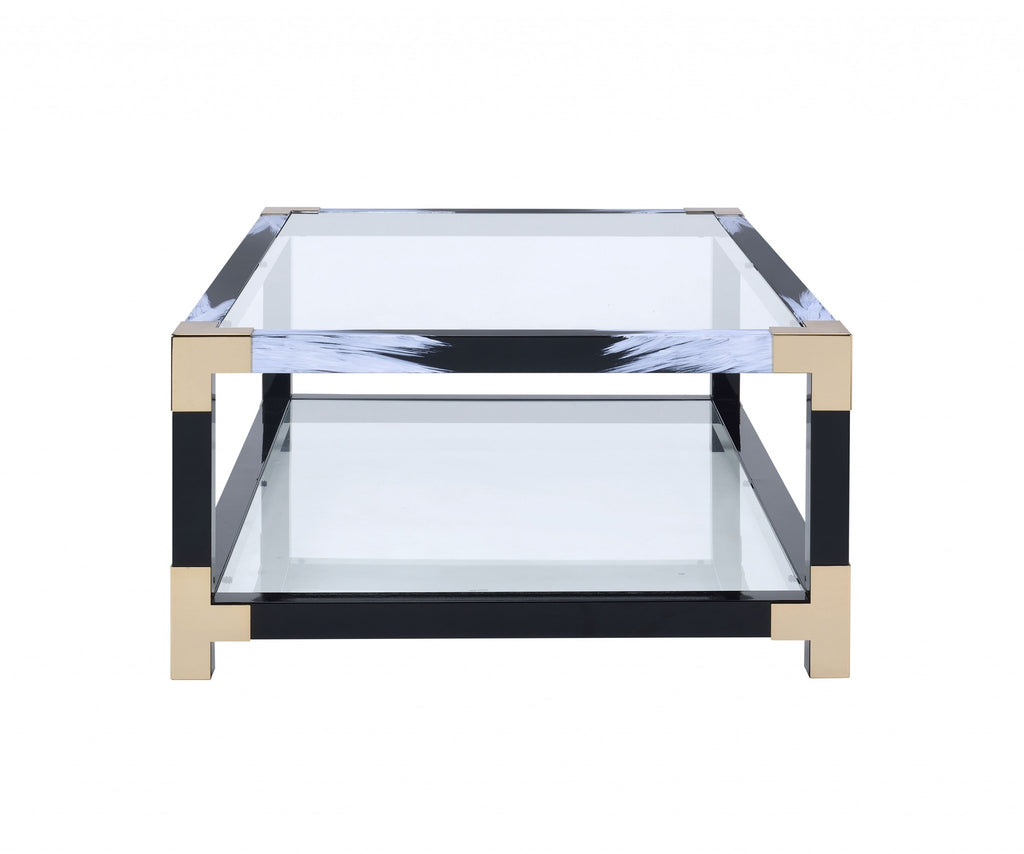 54" Clear And Black and White Glass And Metal Coffee Table With Shelf