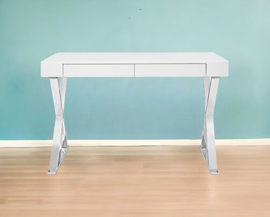 47" White and Silver Writing Desk With Two Drawers