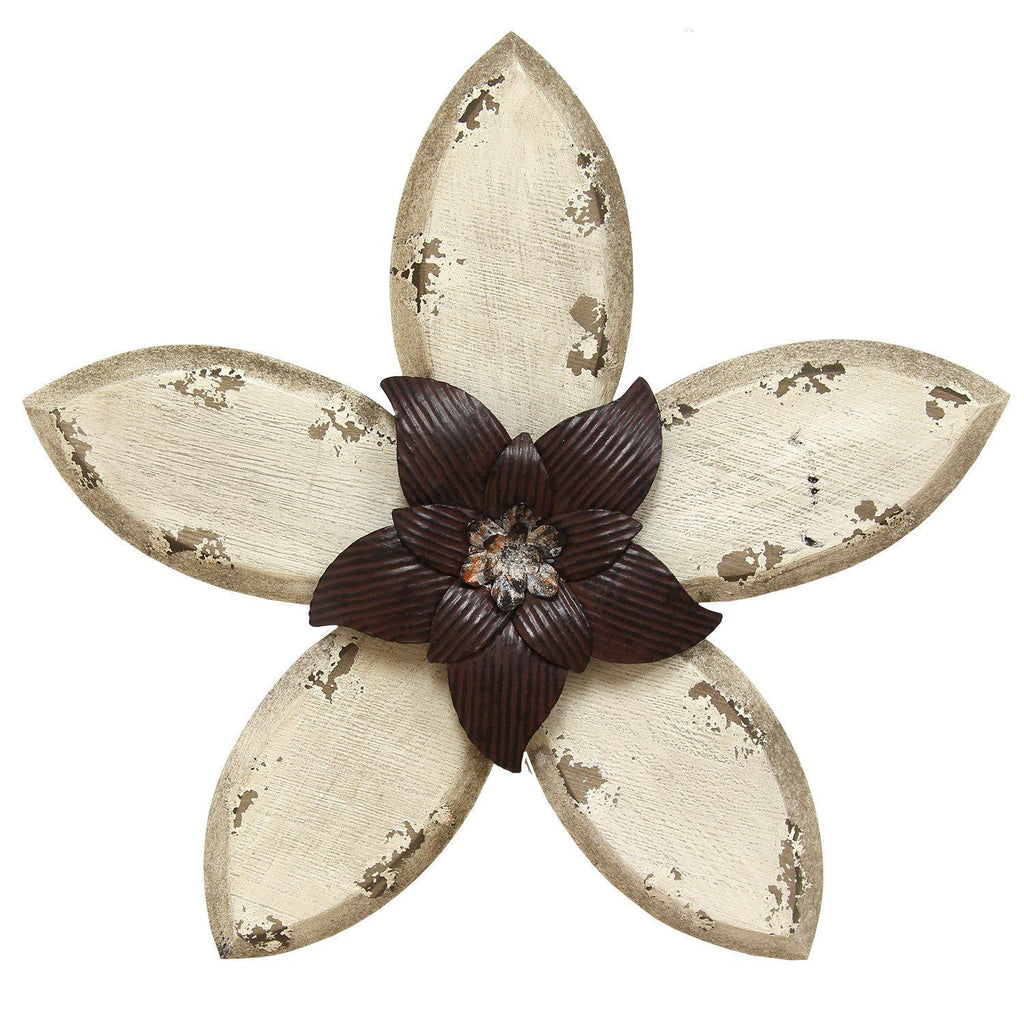 LuxxHomes  Antiqued Look Ivory And Espresso Metal Flower Wall Decor