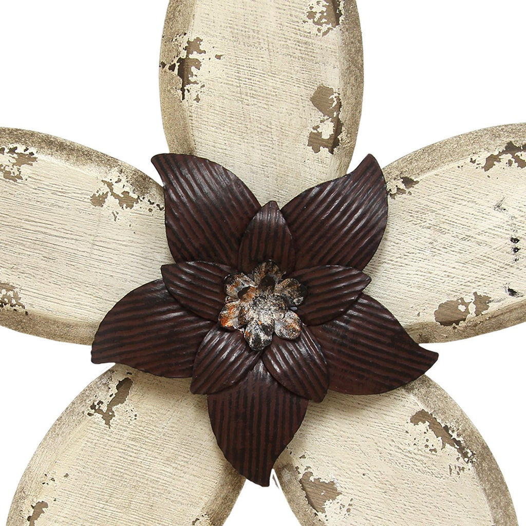 LuxxHomes  Antiqued Look Ivory And Espresso Metal Flower Wall Decor