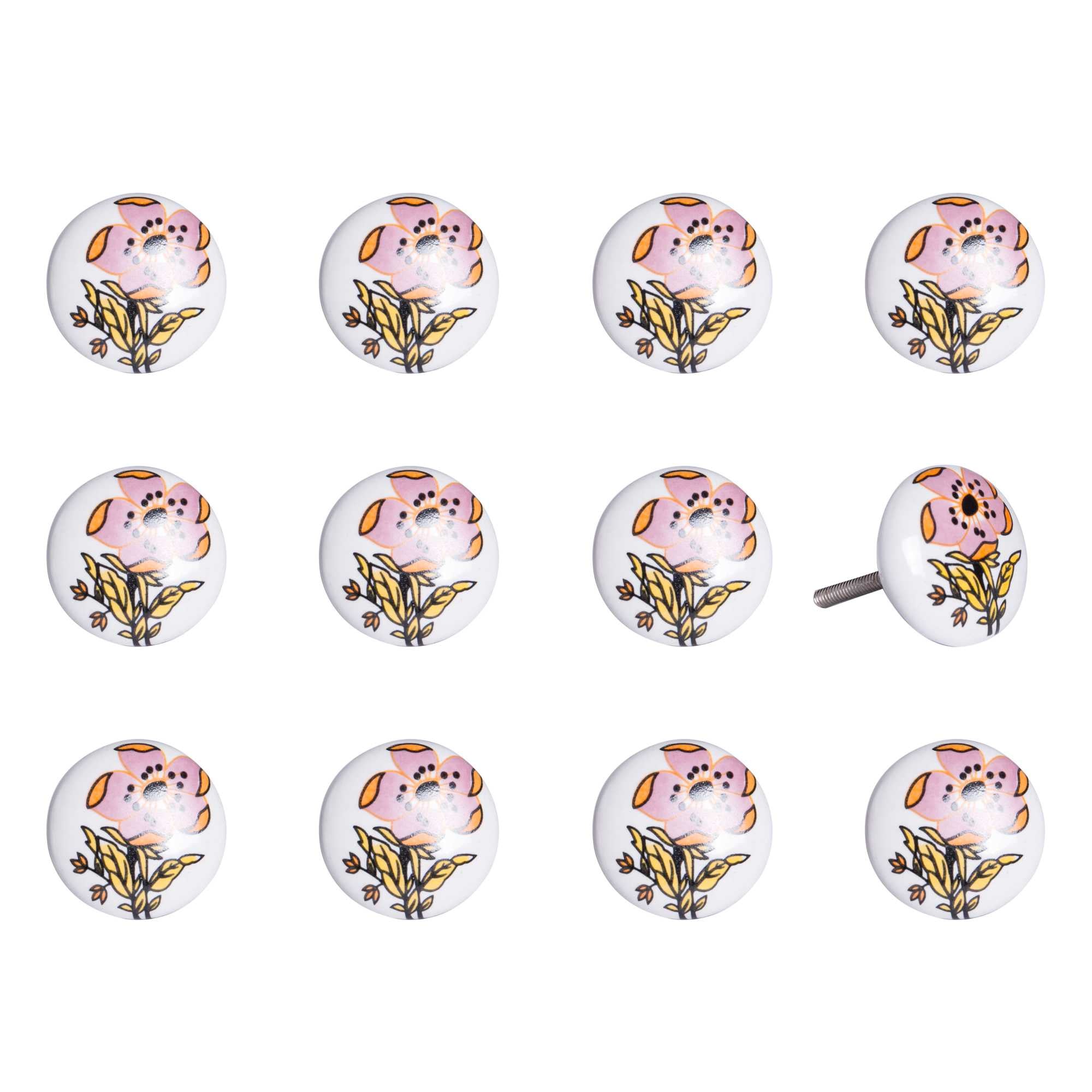 Floral White And Pink Set Of 12 Knobs