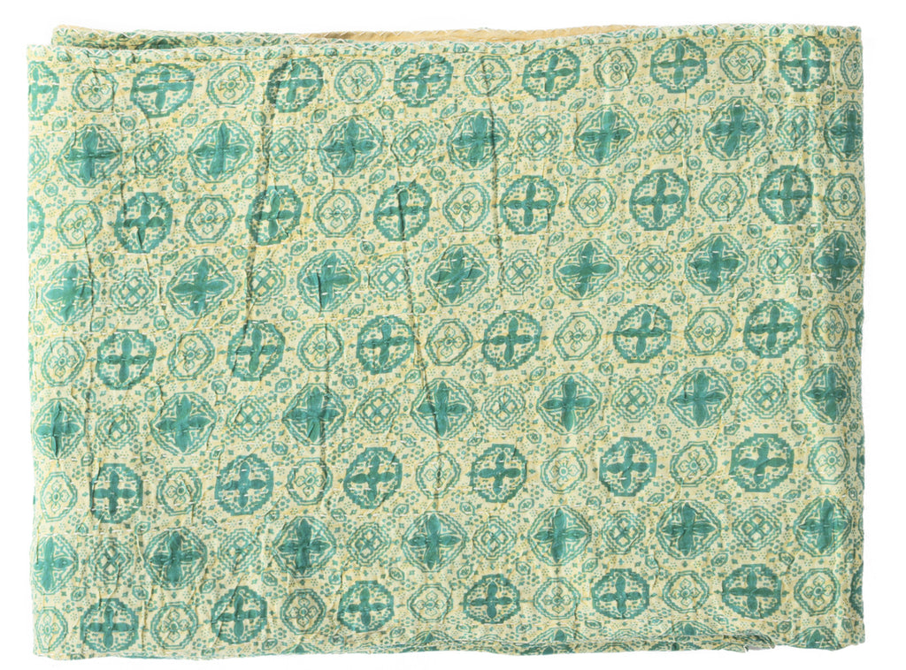 50" X 70" Green and Ivory Kantha Cotton Geometric Throw Blanket with Embroidery