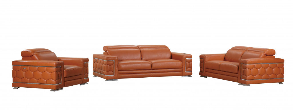 Three Piece Indoor Camel Italian Leather Six Person Seating Set