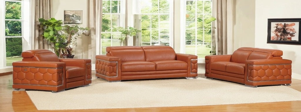 Three Piece Indoor Camel Italian Leather Six Person Seating Set