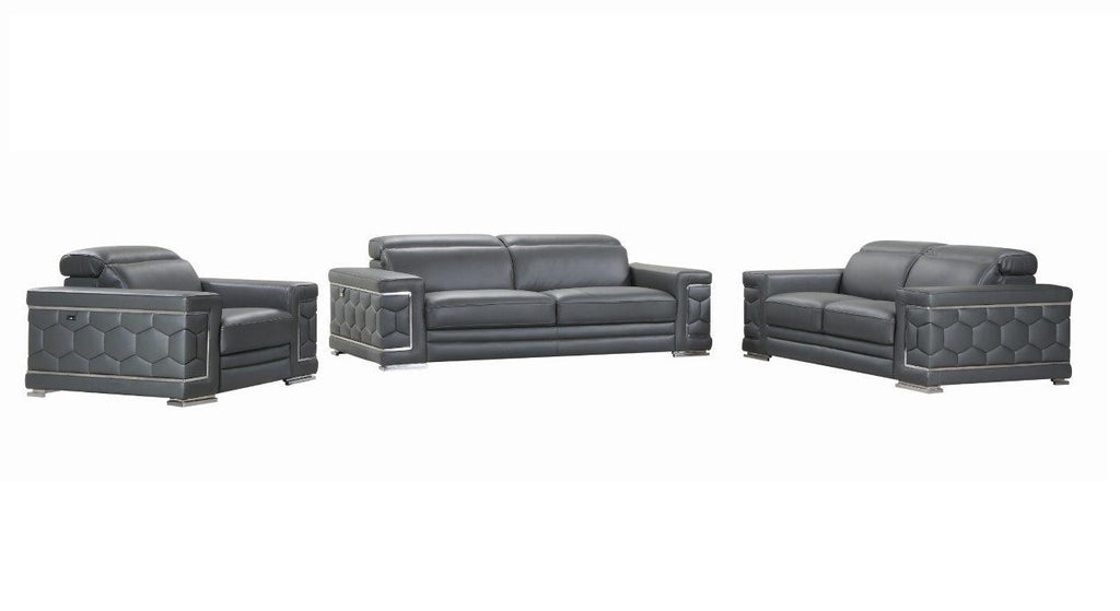 Three Piece Indoor Dark Gray Italian Leather Six Person Seating Set