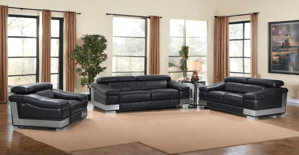 Three Piece Indoor Black Italian Leather Six Person Seating Set