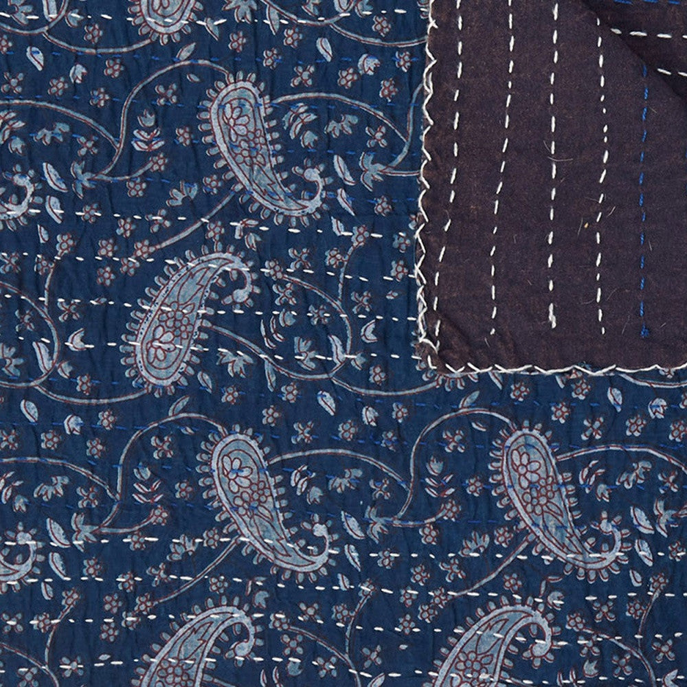 50" X 70" Blue and Gray Kantha Cotton Paisley Throw Blanket with Embroidery