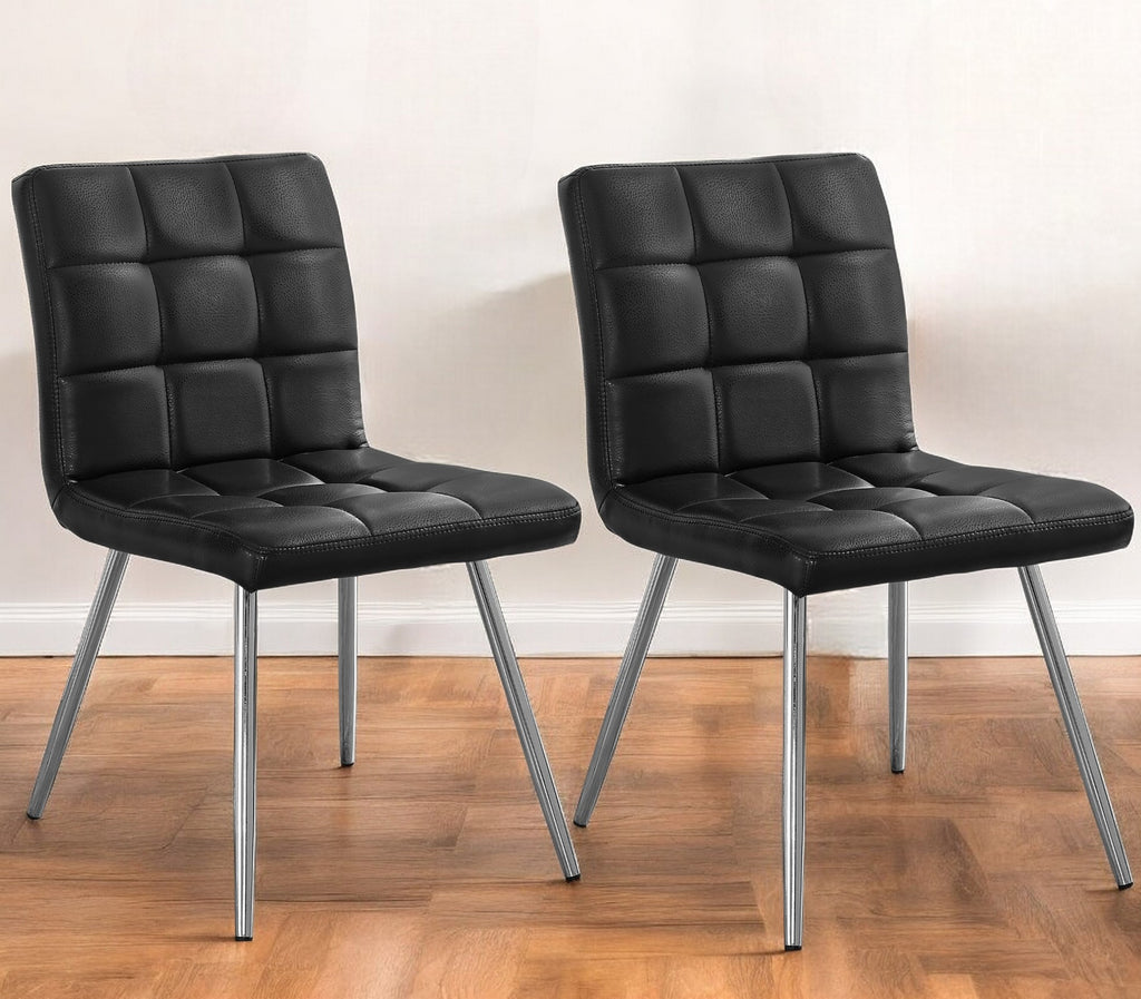 Set of Two Tufted Black And Silver Upholstered Faux Leather Dining Side Chairs