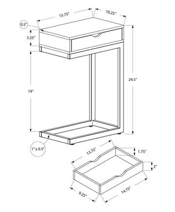 10.25" X 15.75" X 24.5" Cappuccino Finish And Gold Laminated Drawer Accent Table