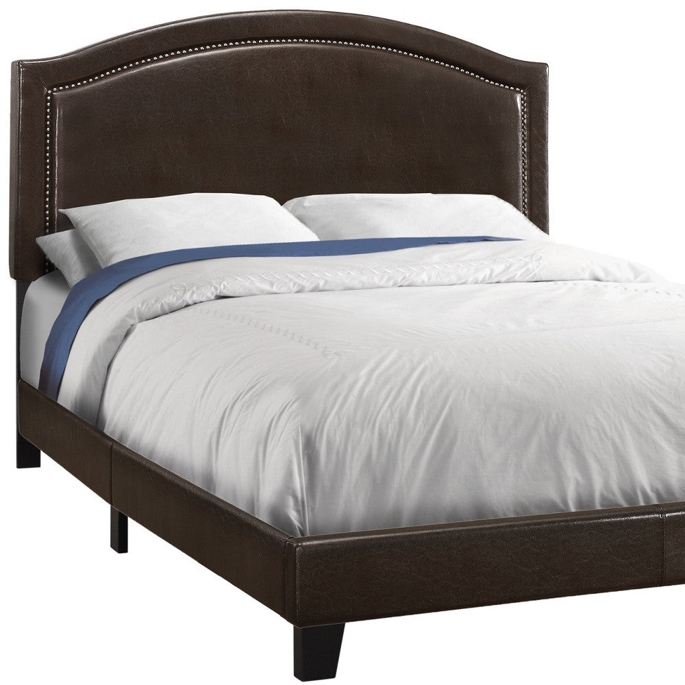 Brown Solid Wood Queen Upholstered Linen Bed Frame with Nailhead Trim