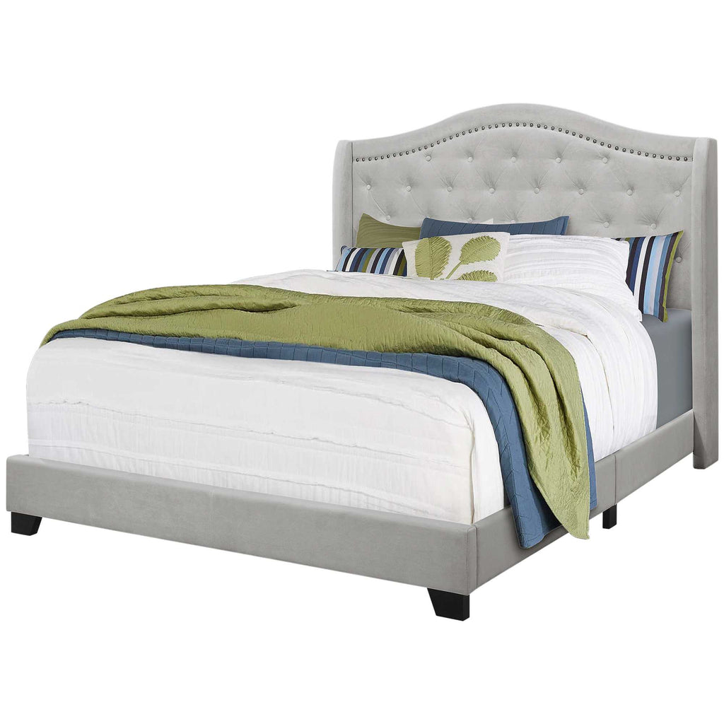 LuxxHomes  Tufted Light Gray Standard Bed Upholstered With Nailhead Trim And With Headboard