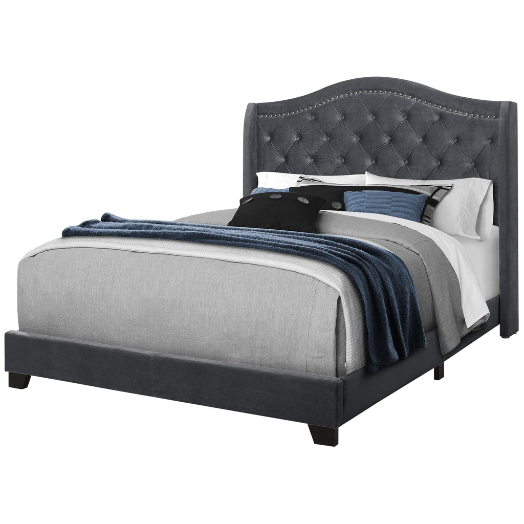 LuxxHomes  Tufted Light Gray Standard Bed Upholstered With Nailhead Trim And With Headboard