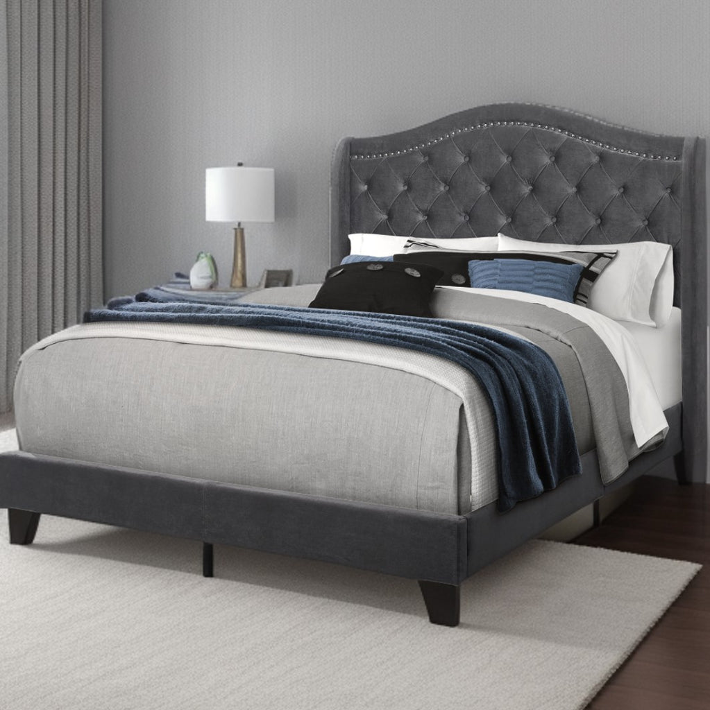 LuxxHomes  Tufted Light Gray Standard Bed Upholstered With Nailhead Trim And With Headboard