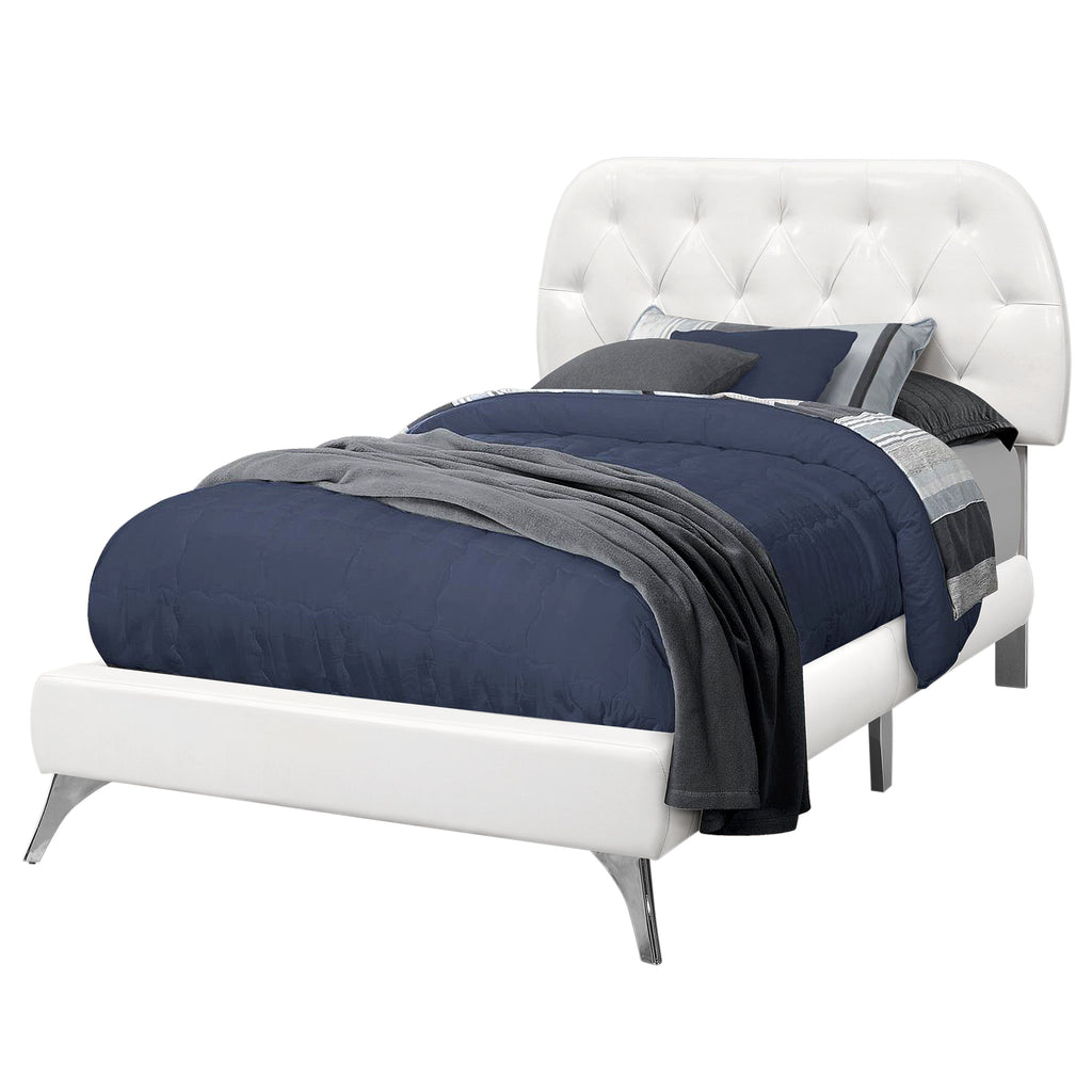 LuxxHomes  Solid Wood Twin Tufted White Upholstered Linen Bed