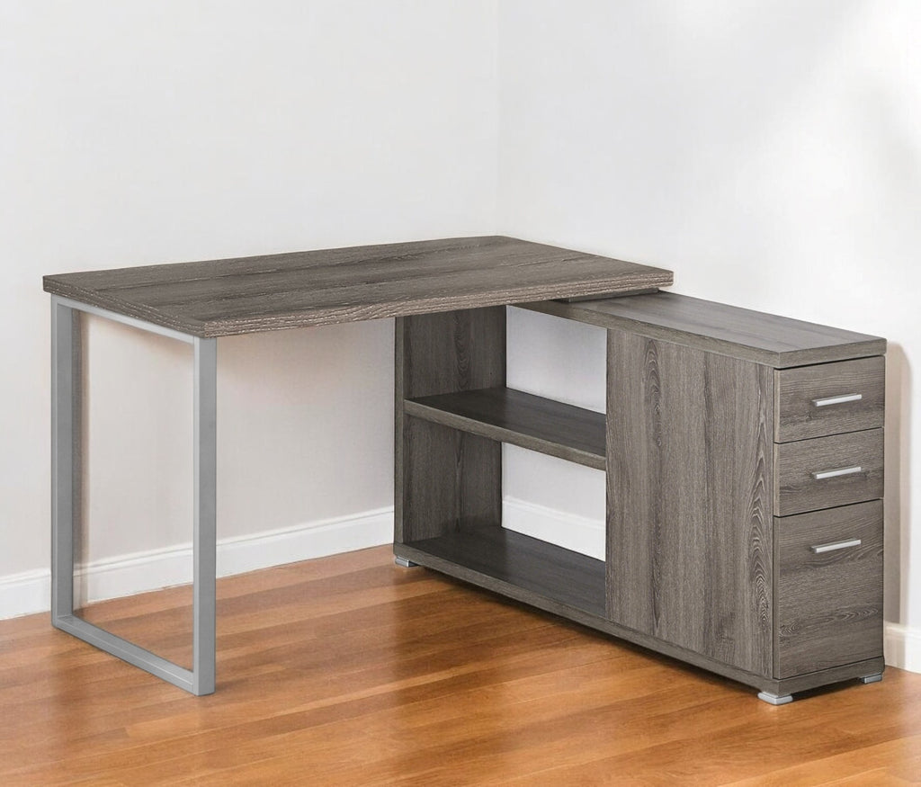 47" Gray and Black L Shape Computer Desk With Three Drawers