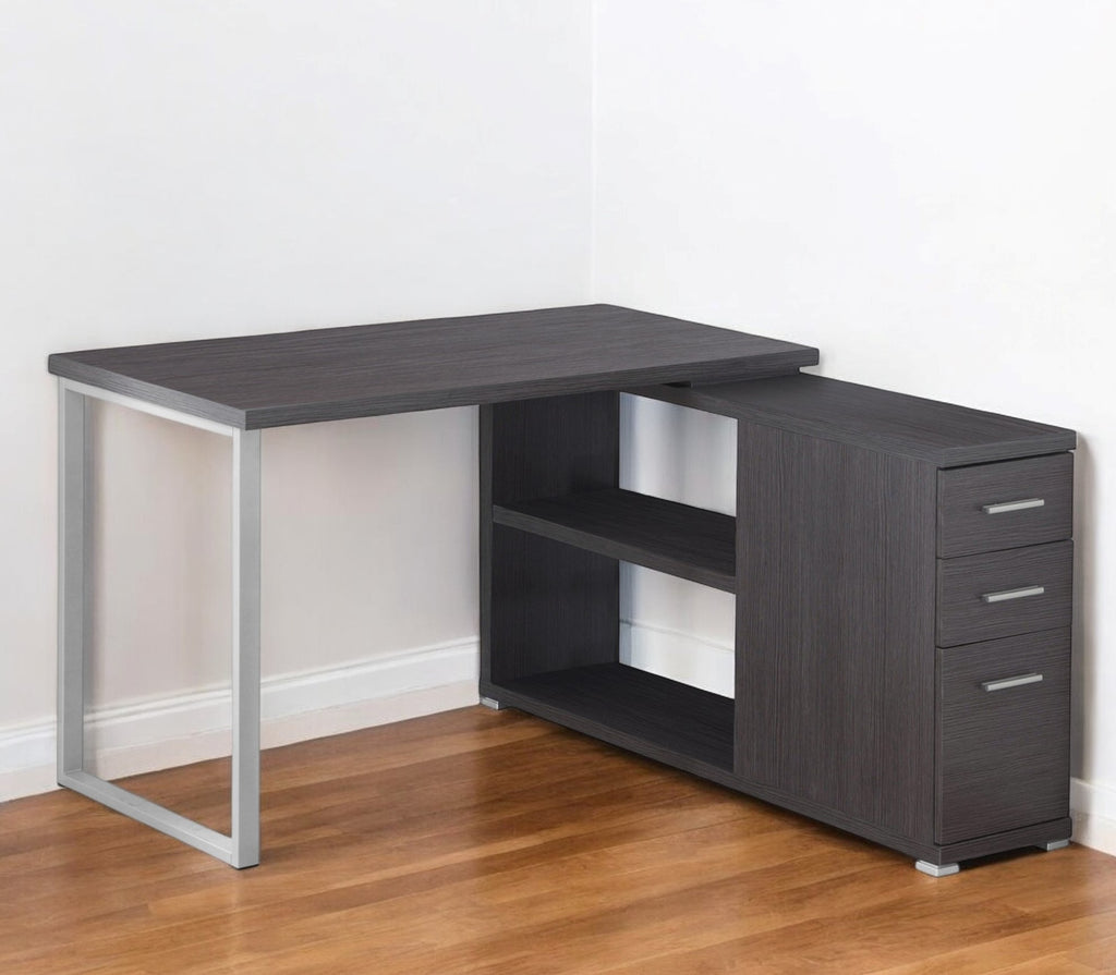 47" Gray and Black L Shape Computer Desk With Three Drawers