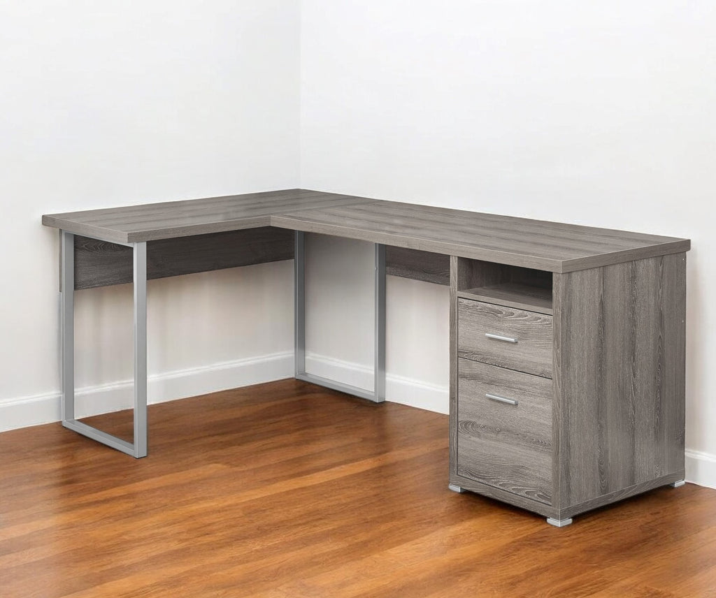 47" Gray and Silver L Shape Computer Desk With Two Drawers