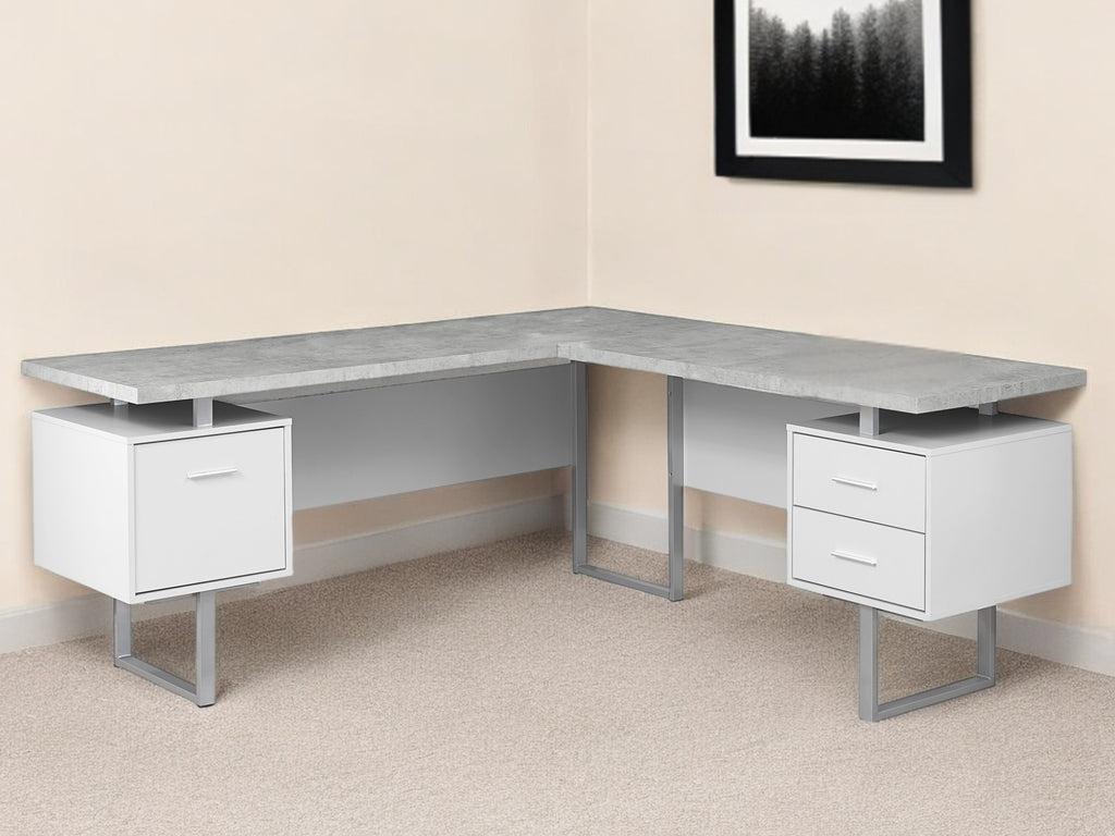 71" Gray and Black L Shape Computer Desk With Three Drawers