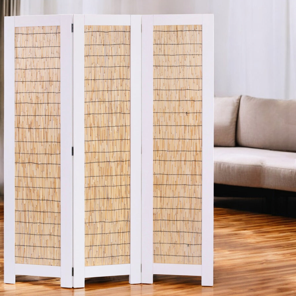 White And Natural Three Panel Room Divider Screen