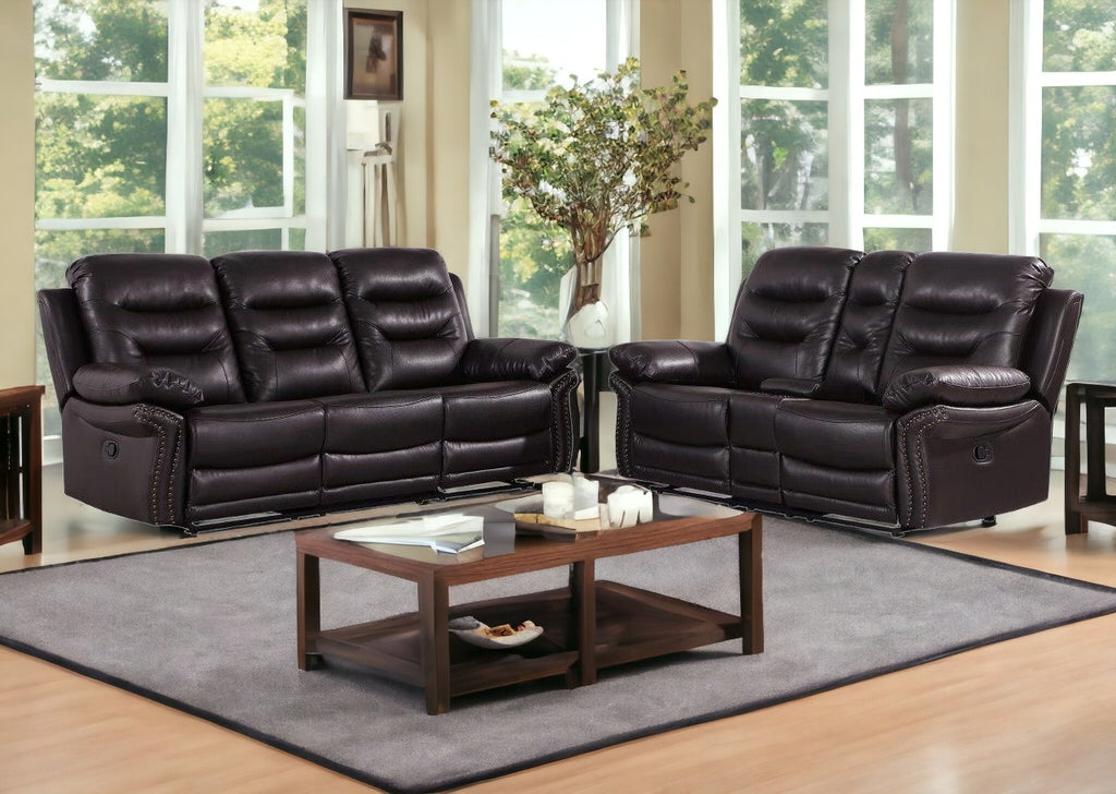 LuxxHomes  Two Piece Indoor Brown Faux Leather Five Person Seating Set