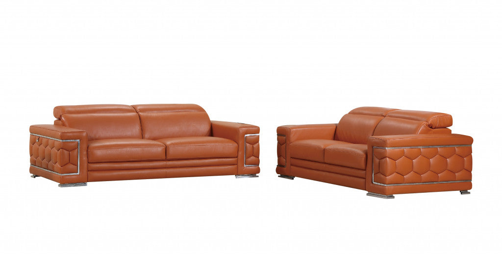 Two Piece Indoor Camel Italian Leather Five Person Seating Set