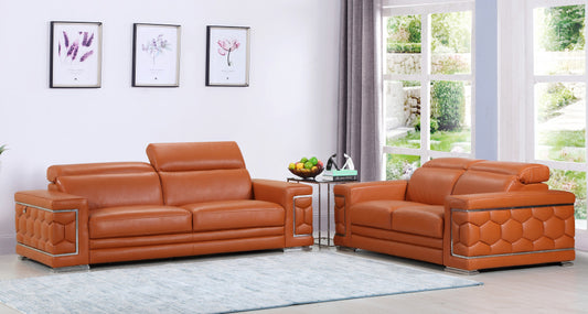 Two Piece Indoor Camel Italian Leather Five Person Seating Set