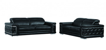 Two Piece Indoor Black Italian Leather Five Person Seating Set